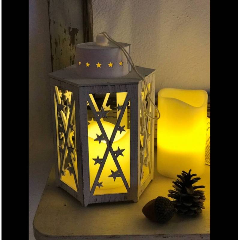 Lanterne lumineuse bois blanc vintage 1 bougie LED à piles professionnel