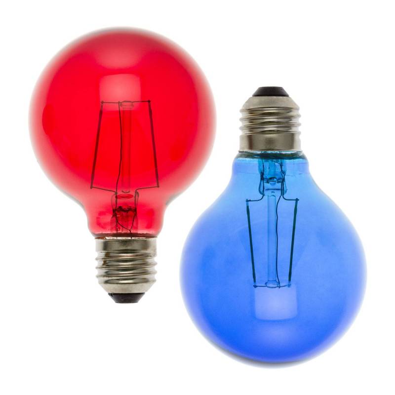 Lot de 2 ampoules filament LED basse tension 36V 0,75W E27 rouge et bleu G80 mm