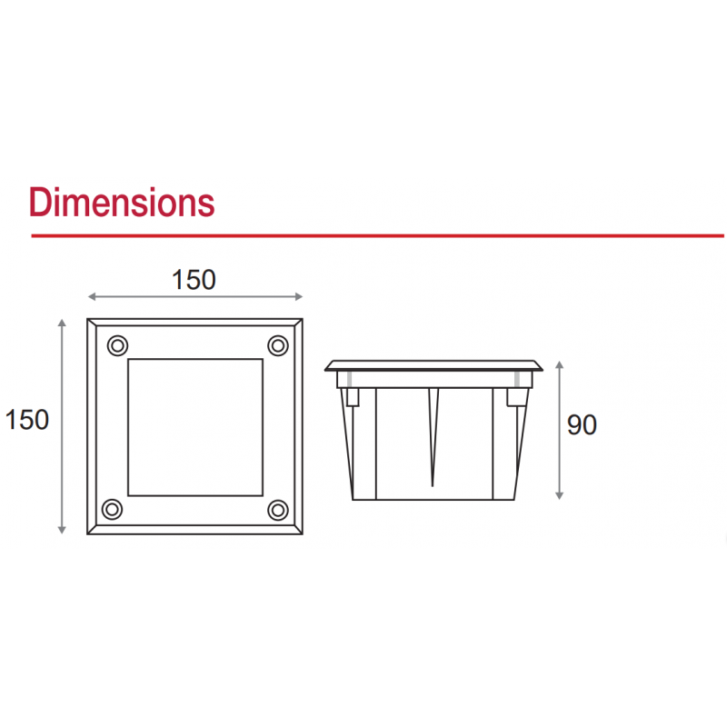 Spot encastrable INOX carré dimensions