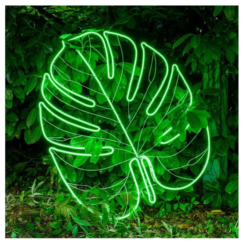 Lampe néon déco grande feuille tropicale  couleur verte professionnel
