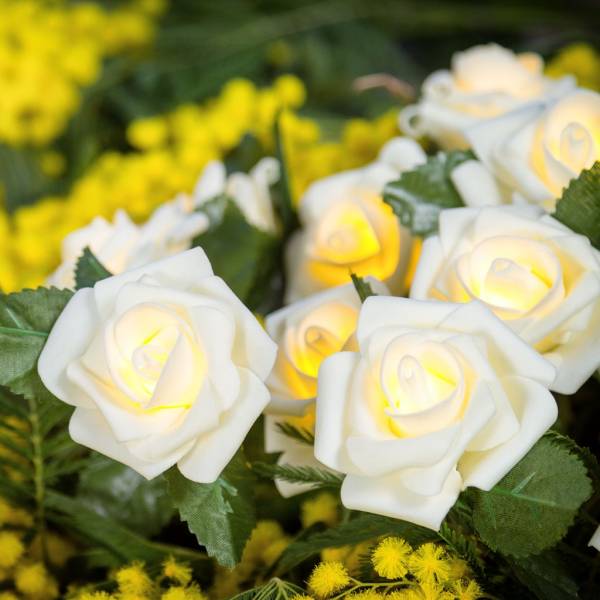 Bouquet 20 Roses lumineuses led blanches piles