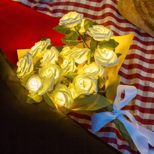 Bouquet 20 Roses lumineuses led blanches piles