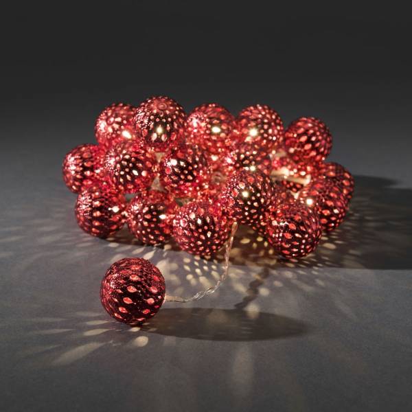 Guirlande lumineuse boules rouge métal ajouré 3M 24 LED blanc chaud 24V câble transparent Konstsmide