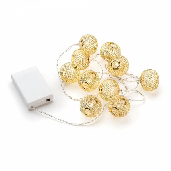 Guirlande boules lumineuses à piles métal doré 90CM 10 LED blanc chaud câble transparent Konstsmide