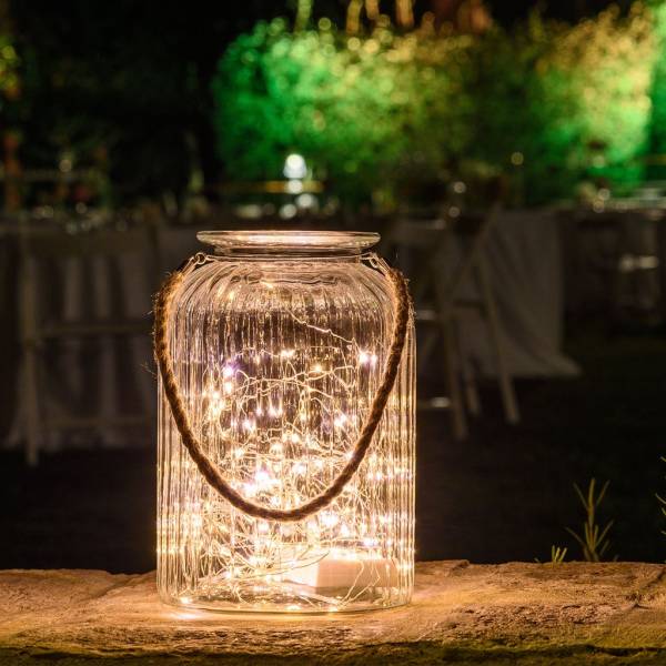 Grand vase verre guirlande lumineuse 120 Micro LED blanc chaud H26cm piles fil argenté