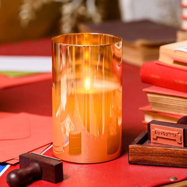 Bougie LED photophore Verre ambré nacré flamme 3D minuterie H12,5cm blanc chaud