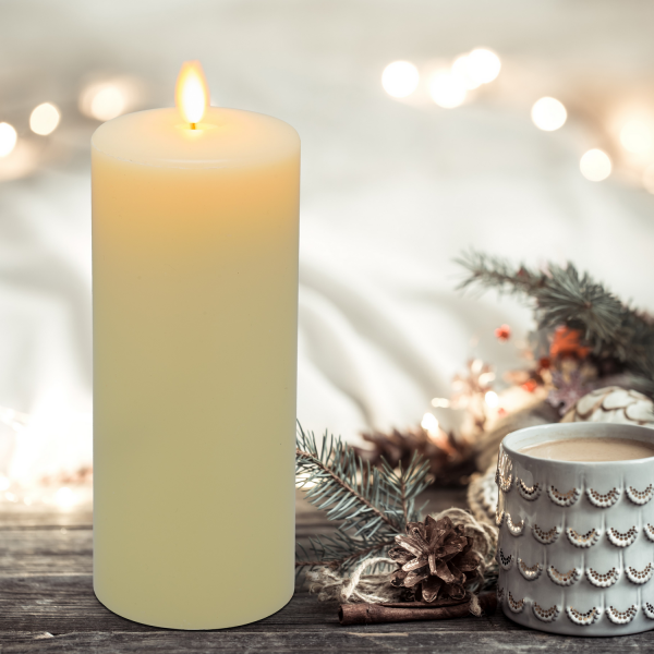 Bougie lumineuse LED cylindrique en cire ivoire flamme vacillante piles 18cm Timer blanc chaud