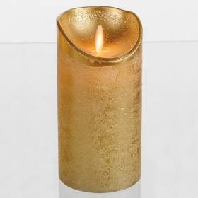 Bougie LED cire véritable dorée à piles Flamme en mouvement réaliste H15cm Blanc chaud minuteur