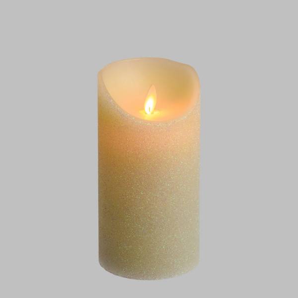 Bougie LED en cire pailletée Ivoire à piles Flamme vacillante réaliste H15cm Timer Blanc chaud