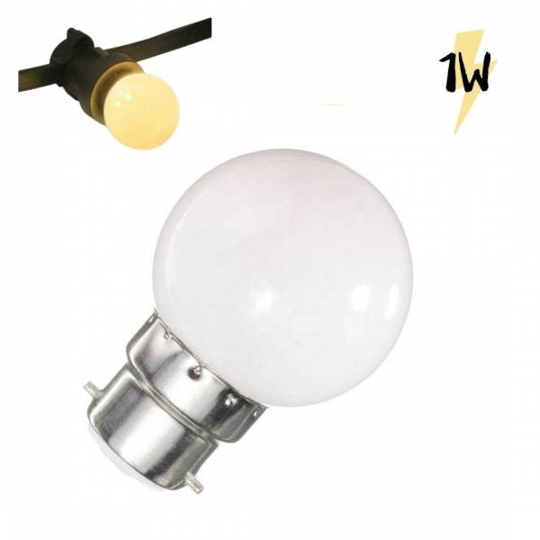 Ampoule B22 plastique 1W LED Blanc chaud G45 pour guirlande guinguette professionnelle