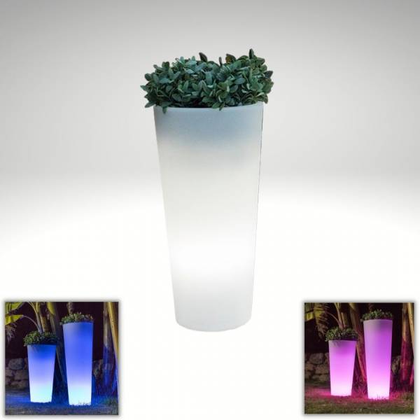 Pot de fleur lumineux exterieur solaire ou rechargeable cylindre haut blanc FICUS 60 LED RGBW 9l IP65 sans fil