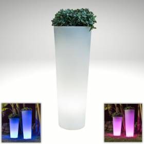 Pot de fleur lumineux solaire ou rechargeable exterieur cylindre haut blanc FICUS 80 sans fil LED RGBW 8L IP65