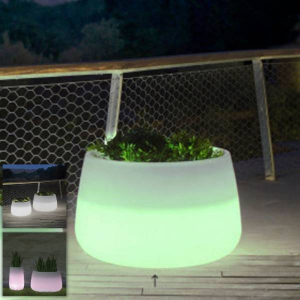 Pot de fleurs lumineux exterieur solaire ou rechargeable CAMELIA 80 blanc sans fil LED RGBW 75 litres IP65