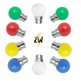 Lot de 10 Ampoules Guinguette B22 LED Multicolores et blanc chaud 2W à baïonnettes plastique professionnelle
