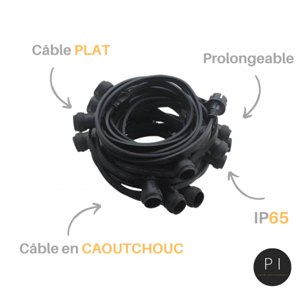 Guirlande guinguette extérieur IP65 20M 40 douilles raccordable câble plat noir caoutchouc professionnelle