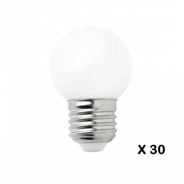 Guirlande extérieure guinguette IP65 30M 30 ampoules plastique 1W LED blanc chaud câble caoutchouc noir professionnelle