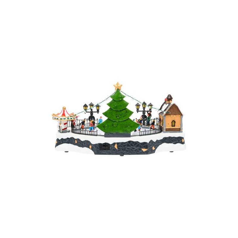 Village de Noël en Polyrésine, Patineurs en mouvement, h 15 cm, mélodies de  Noël
