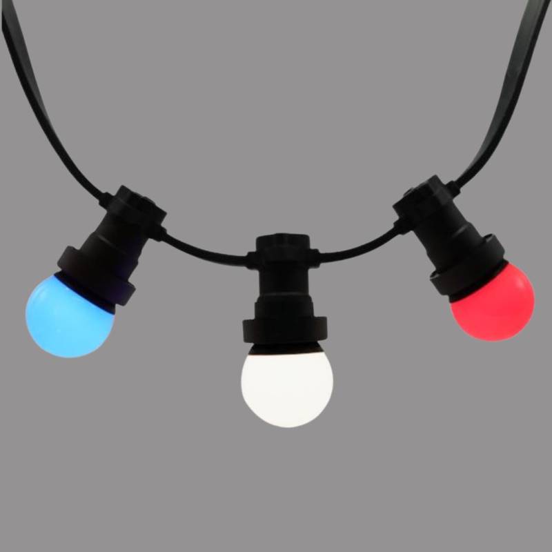Guirlande guinguette tricolore bleu blanc rouge 10M 20 LED plastique 1W câble plat noir IP65 connectable