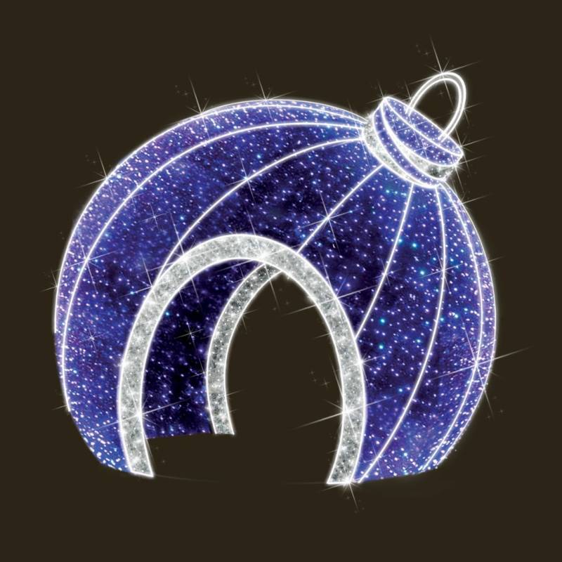 Décor monumental boule de Noël lumineuse 3D avec tunnel H4m extérieure scintillante 16632 LED bleu et blanc froid 24V profession