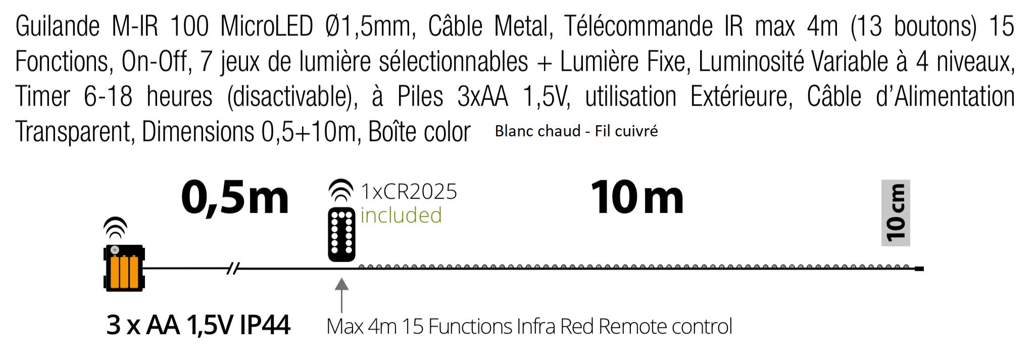 Guirlande 20M rechargeable USB MicroLED blanc chaud 8 modes argenté