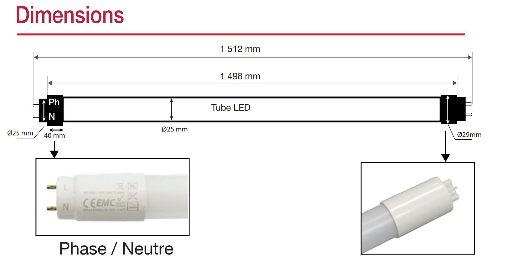 Tube néon Led T8 150cm blanc froid 6000K 24 W avec starter
