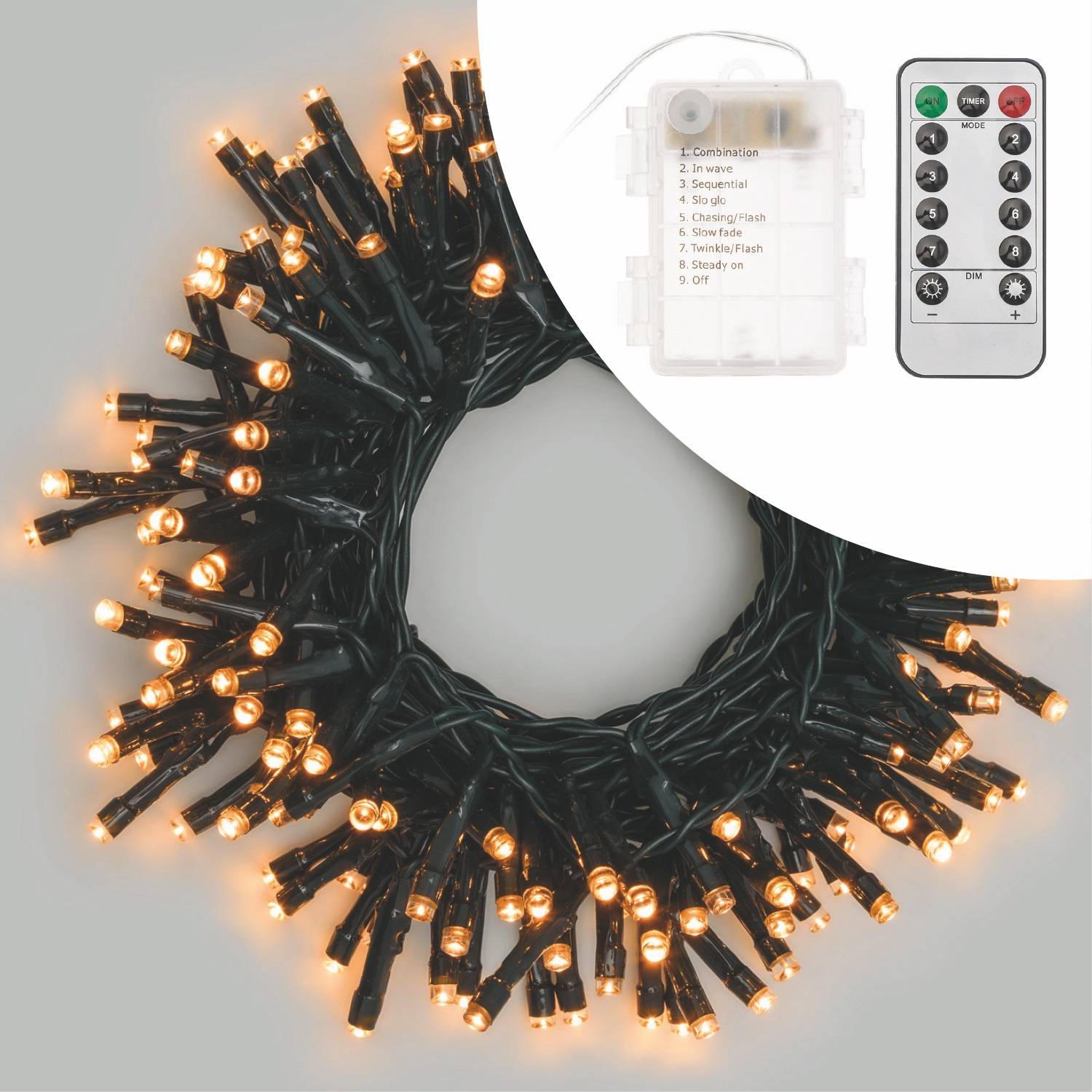 Guirlande lumineuse à piles dimmable télécommande 12m 300 LED blanc chaud 8  modes lumière IP44