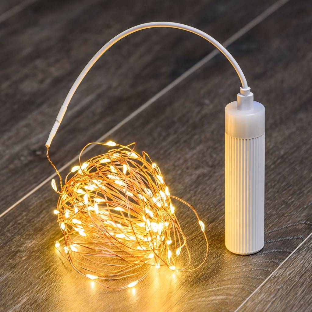 Guirlande lumineuse à batterie rechargeable USB 10m 100 MicroLED blanc  chaud 8 modes fil métal cuivré