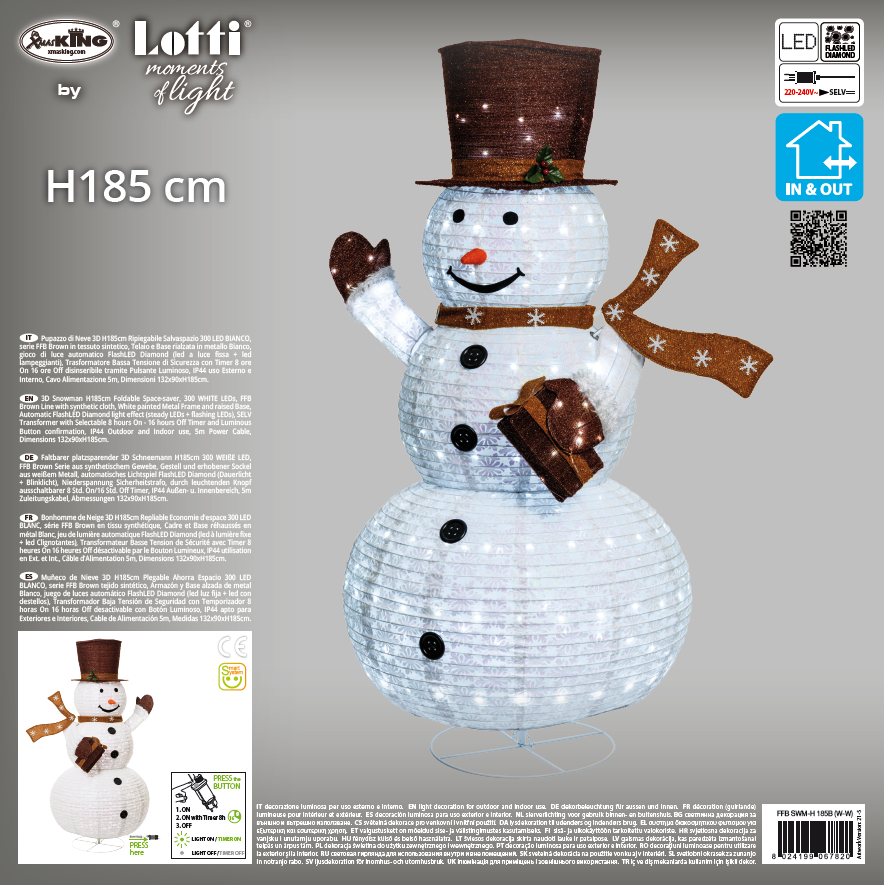 Bonhomme de Neige 3D Solaire H120cm 260 LED blanc froid 8 jeux