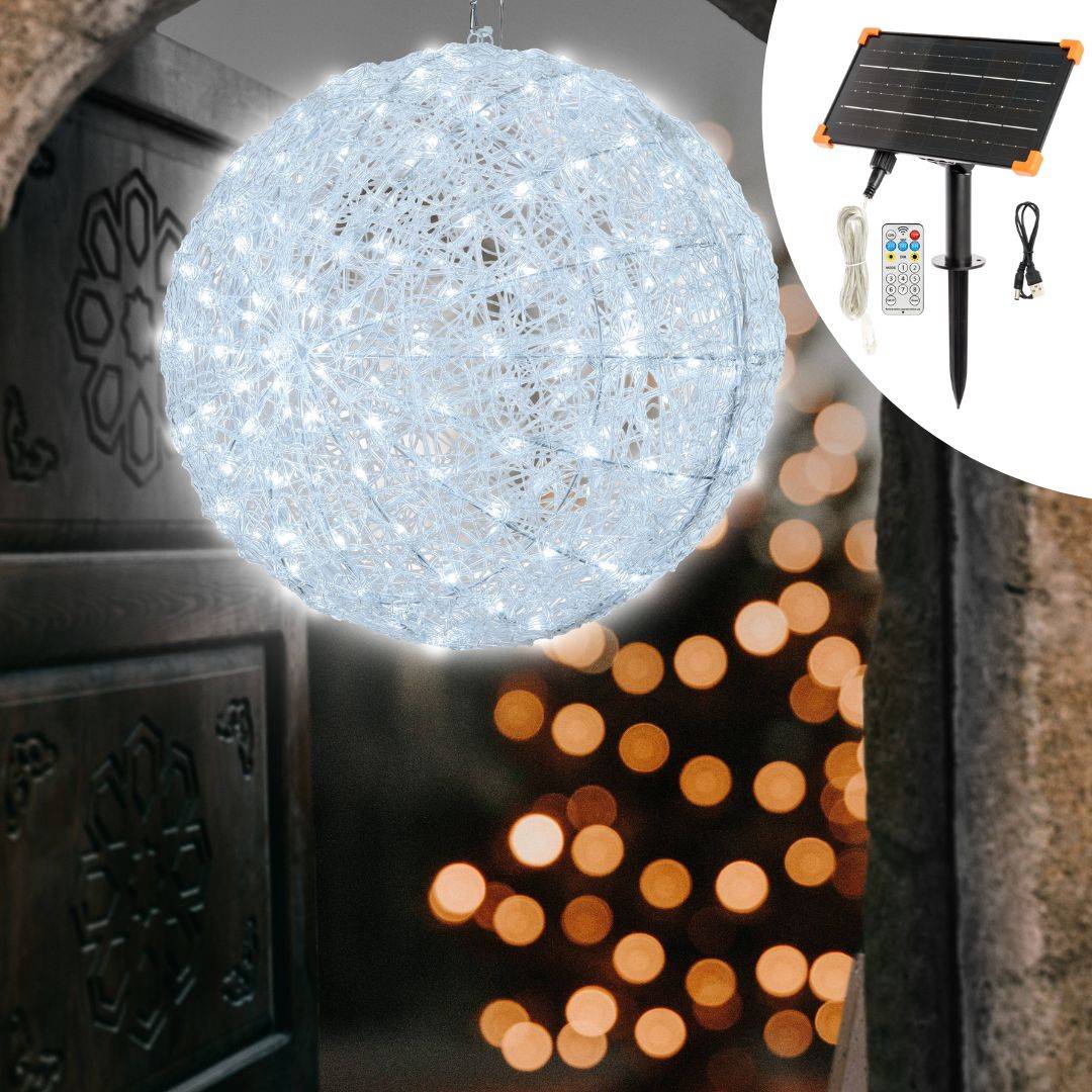 Sphère lumineuse de Noël Solaire acrylique D56cm 220 LED blanc froid 8 jeux  lumières IP44 SMART